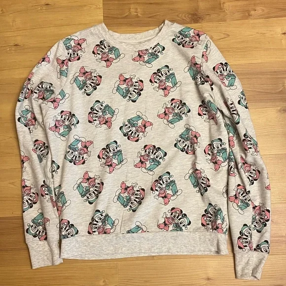 Women's Juniors Disney Mickey Minnie Mouse Christmas Holiday Sweatshirt LRG 765 - Picture 1 of 6